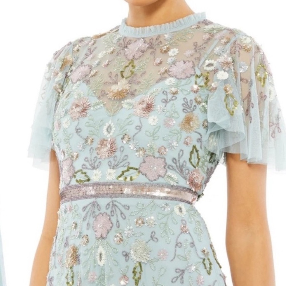 NWT Mac Duggal Mint Embellished Butterfly Sleeves High Ruffled Neck Gown A9136